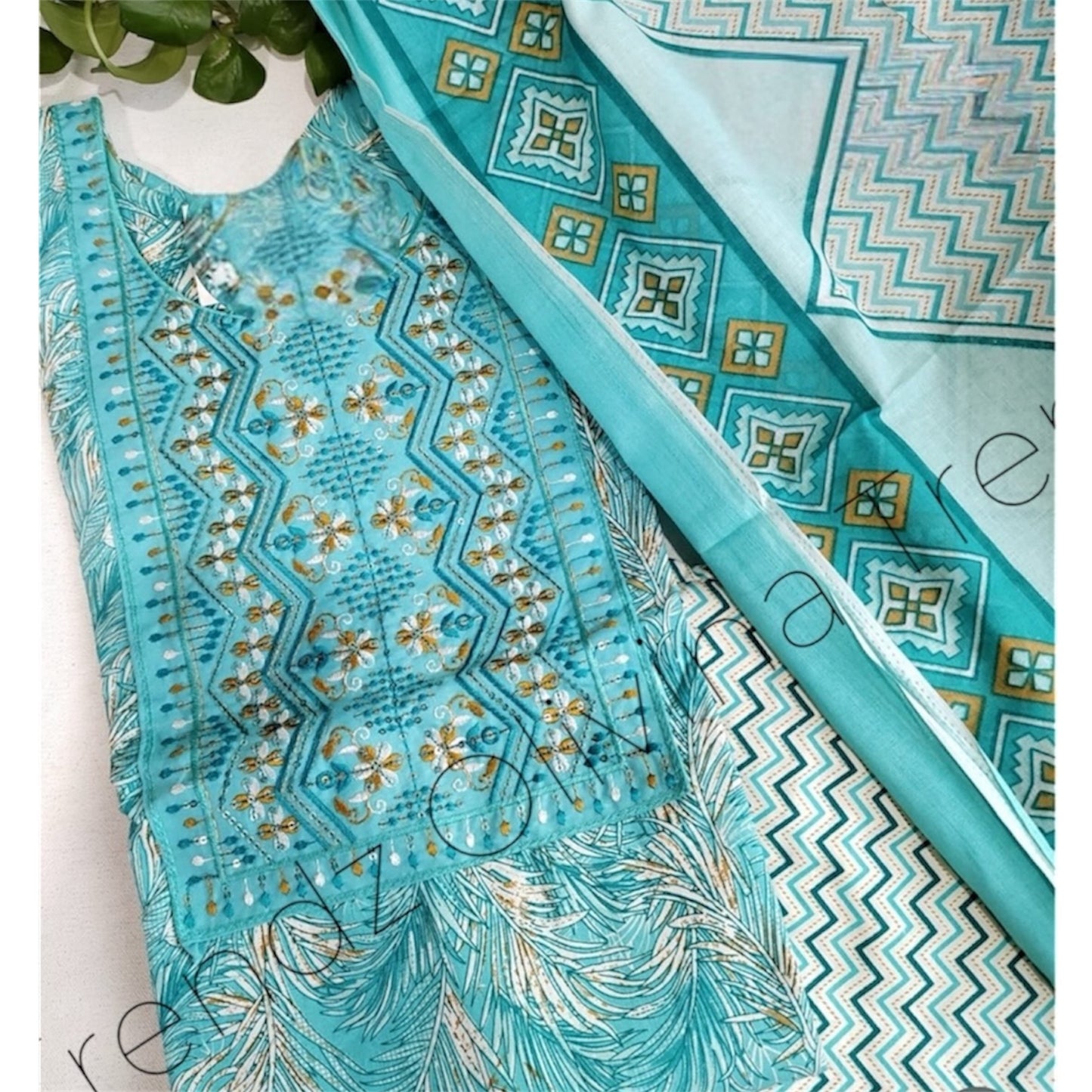 Elegant Embroidered Cotton Kurthi Set with Dupatta - Teal Blue