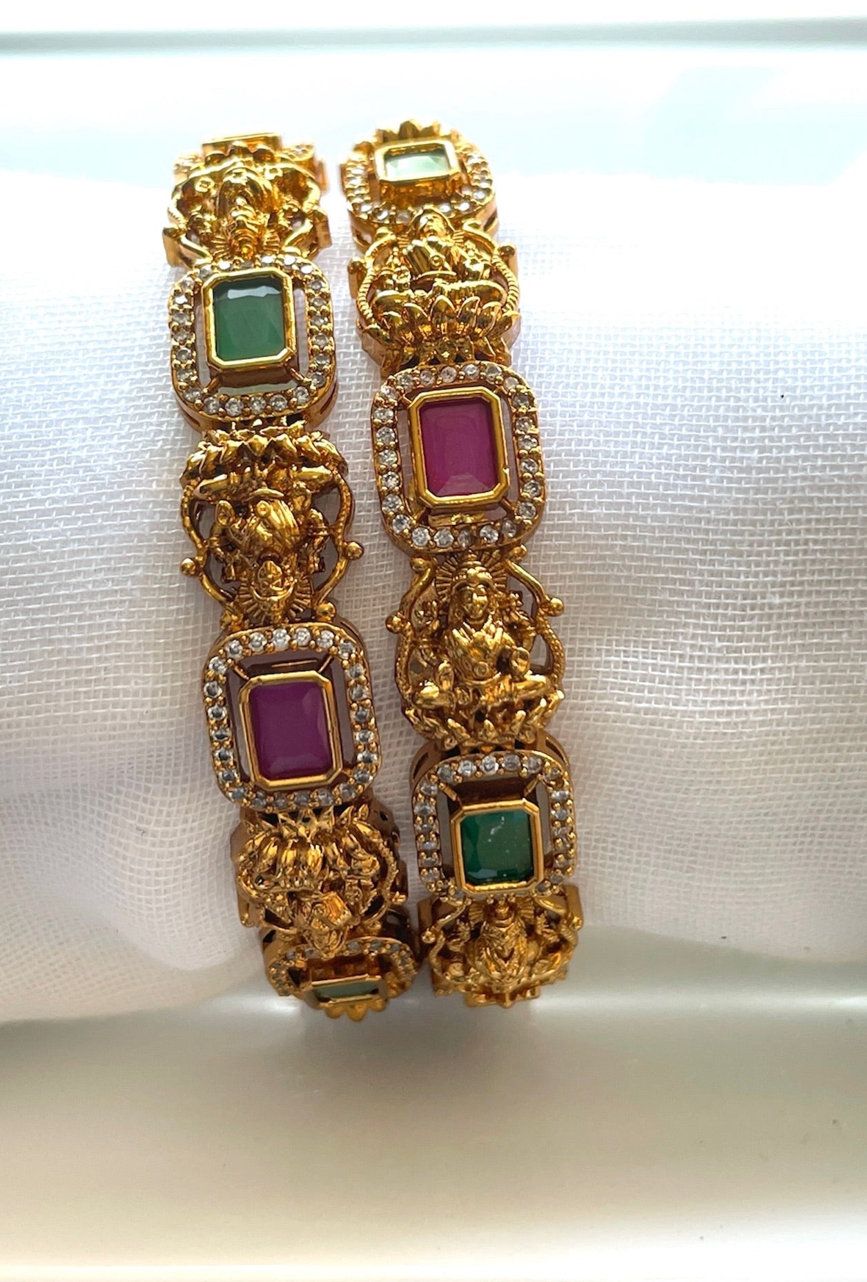 Red & Green Stone Square Bangles with Lakshmi Motifs