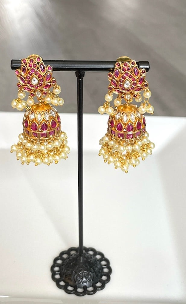 Red Kemp Jhumkas with Pearl Hanging Clusters