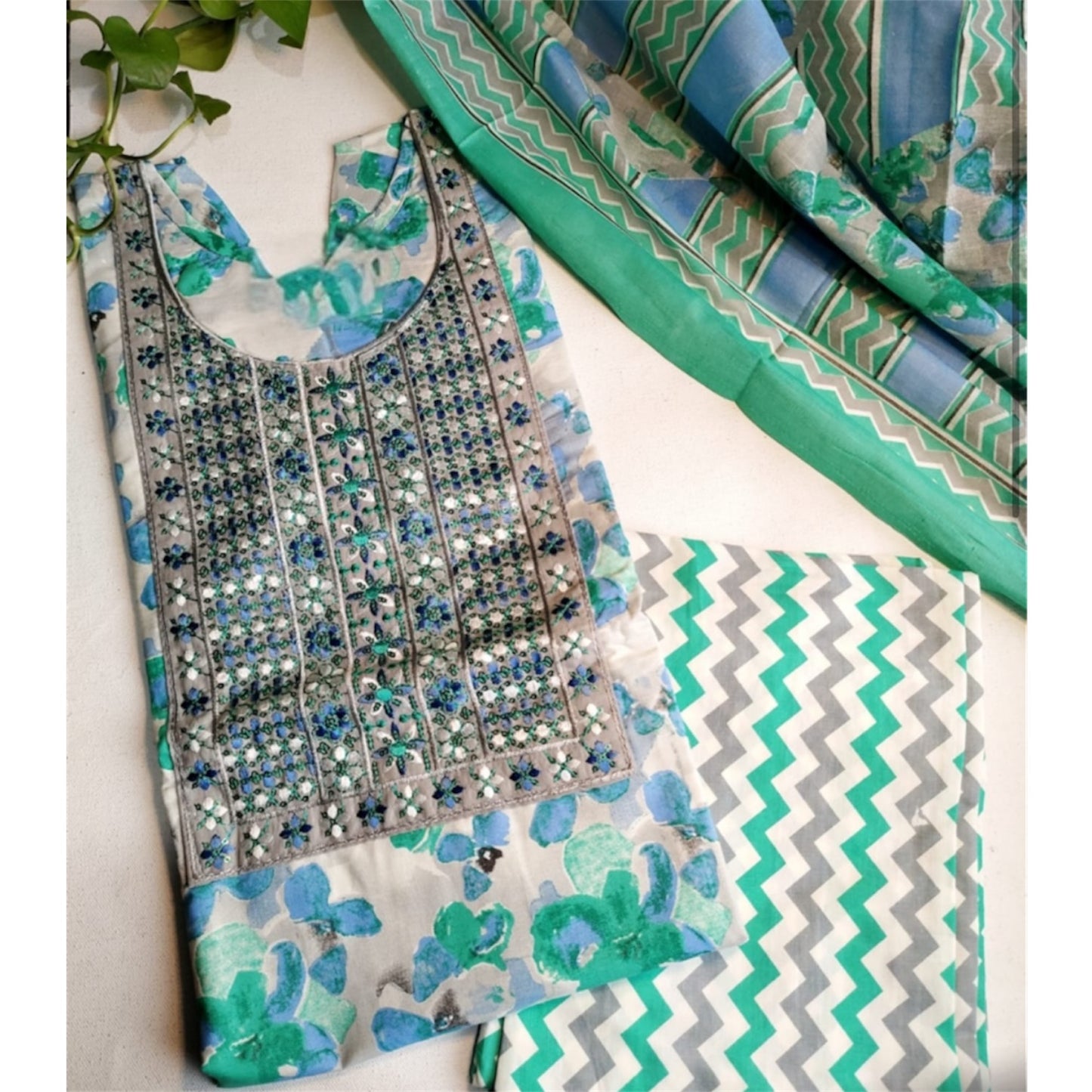 Elegant Embroidered Cotton Kurthi Set with Dupatta - Teal Blue