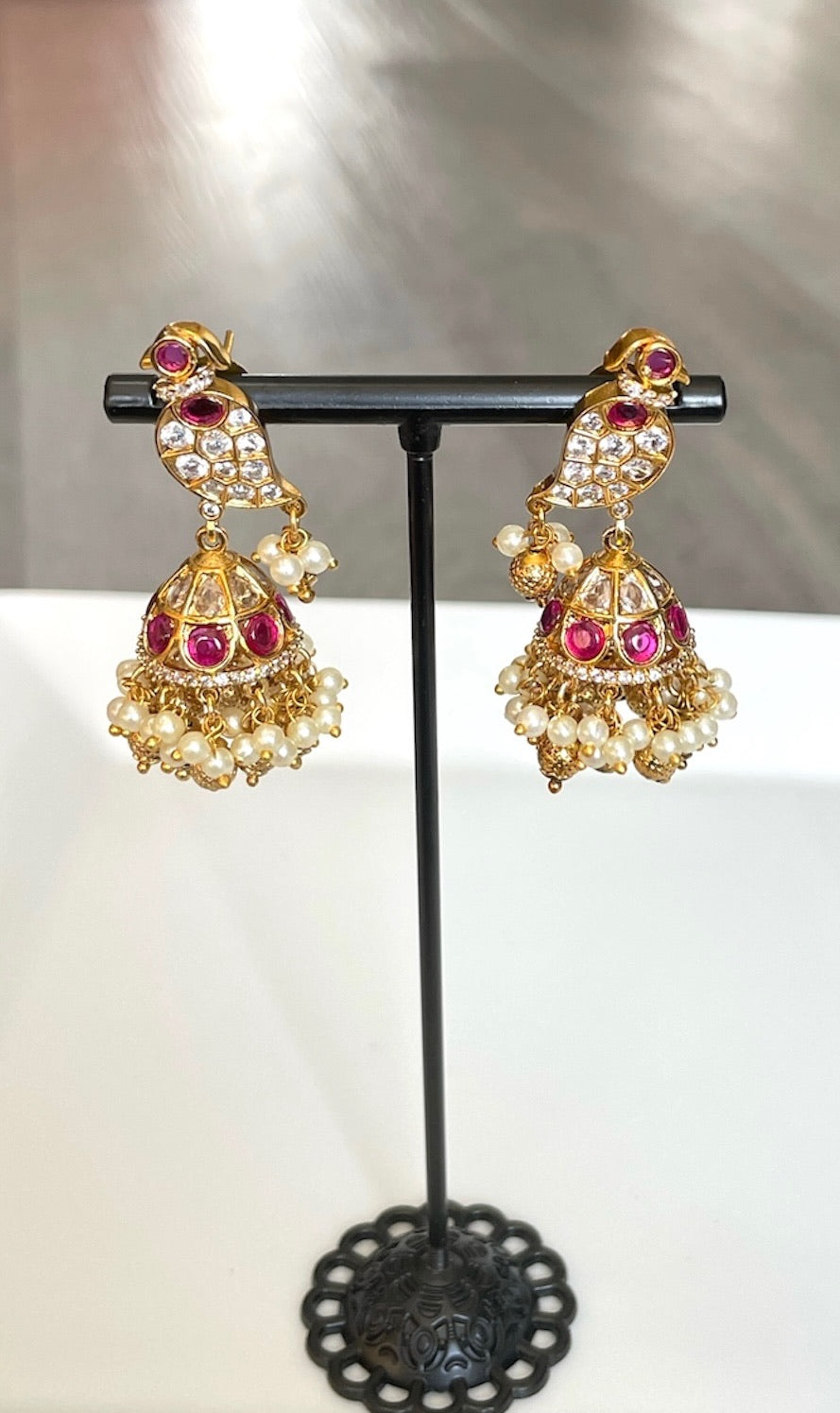 Kemp n White Stone Jhumka with Pearl Cluster