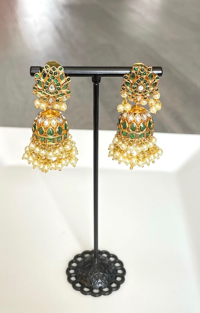 Green Kemp Jhumkas with Pearl Hanging Clusters
