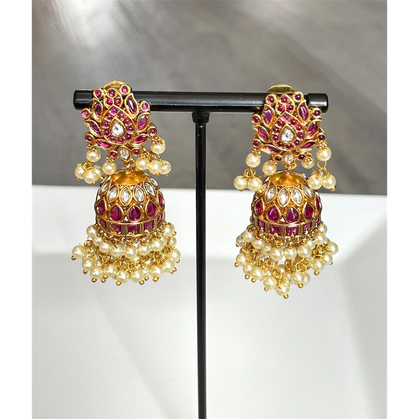 Red Kemp Jhumkas with Pearl Hanging Clusters