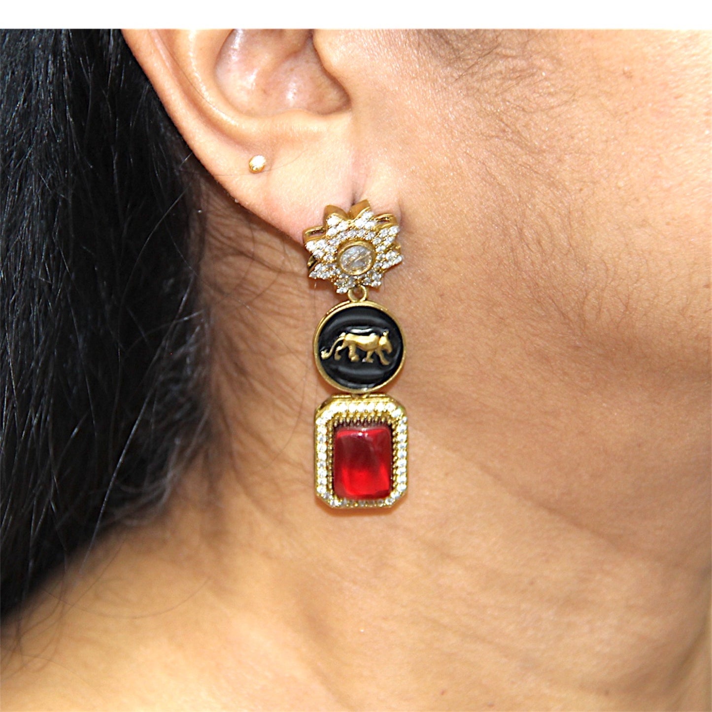 White & Red Stone Animal Design Earrings