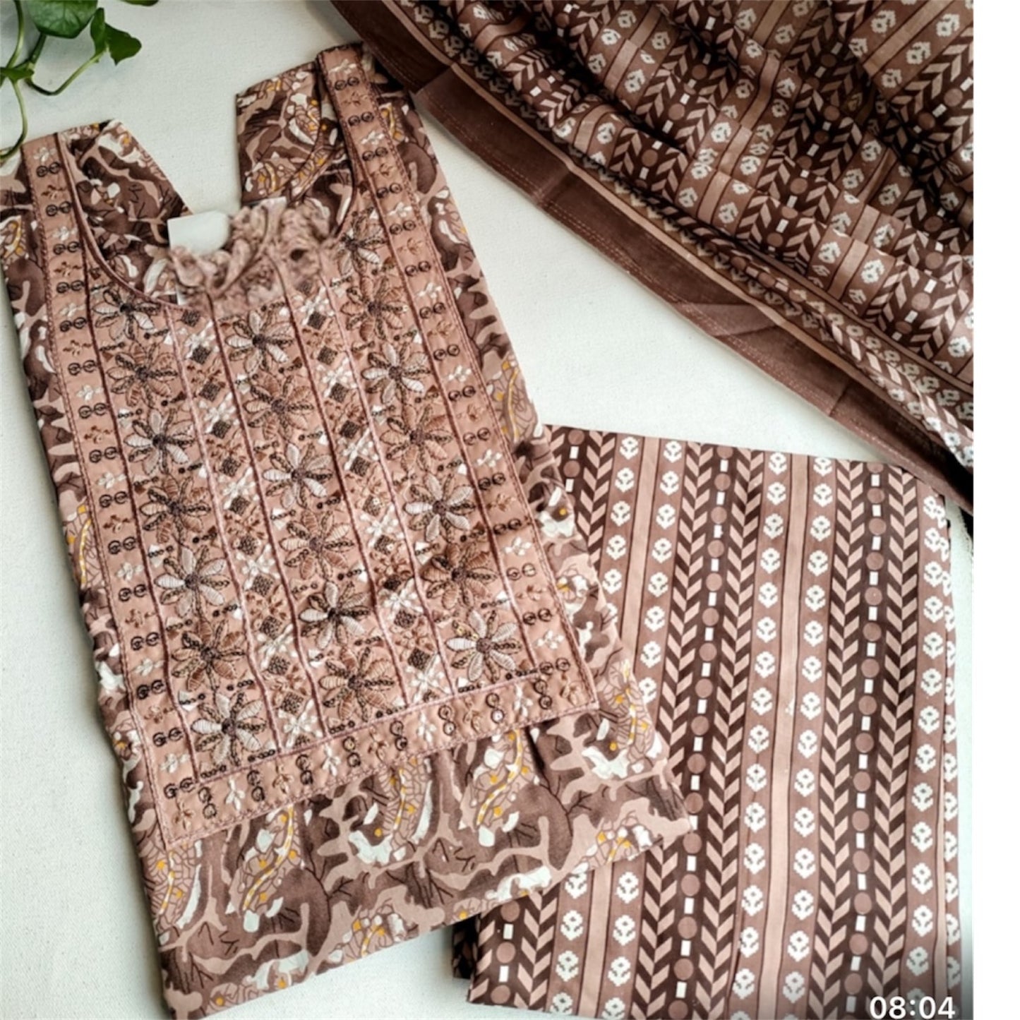 Elegant Embroidered Cotton Kurthi Set with Dupatta - Brown