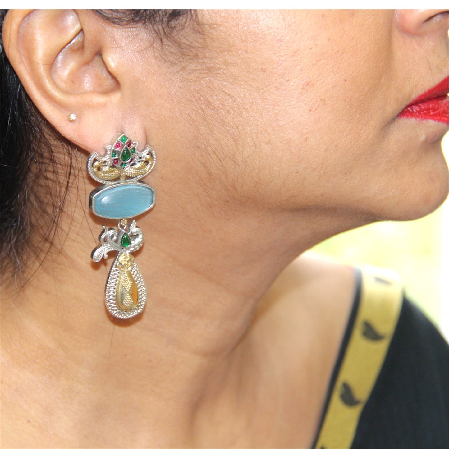 Elegant Two Tone Light Blue Oxidised Long Earring