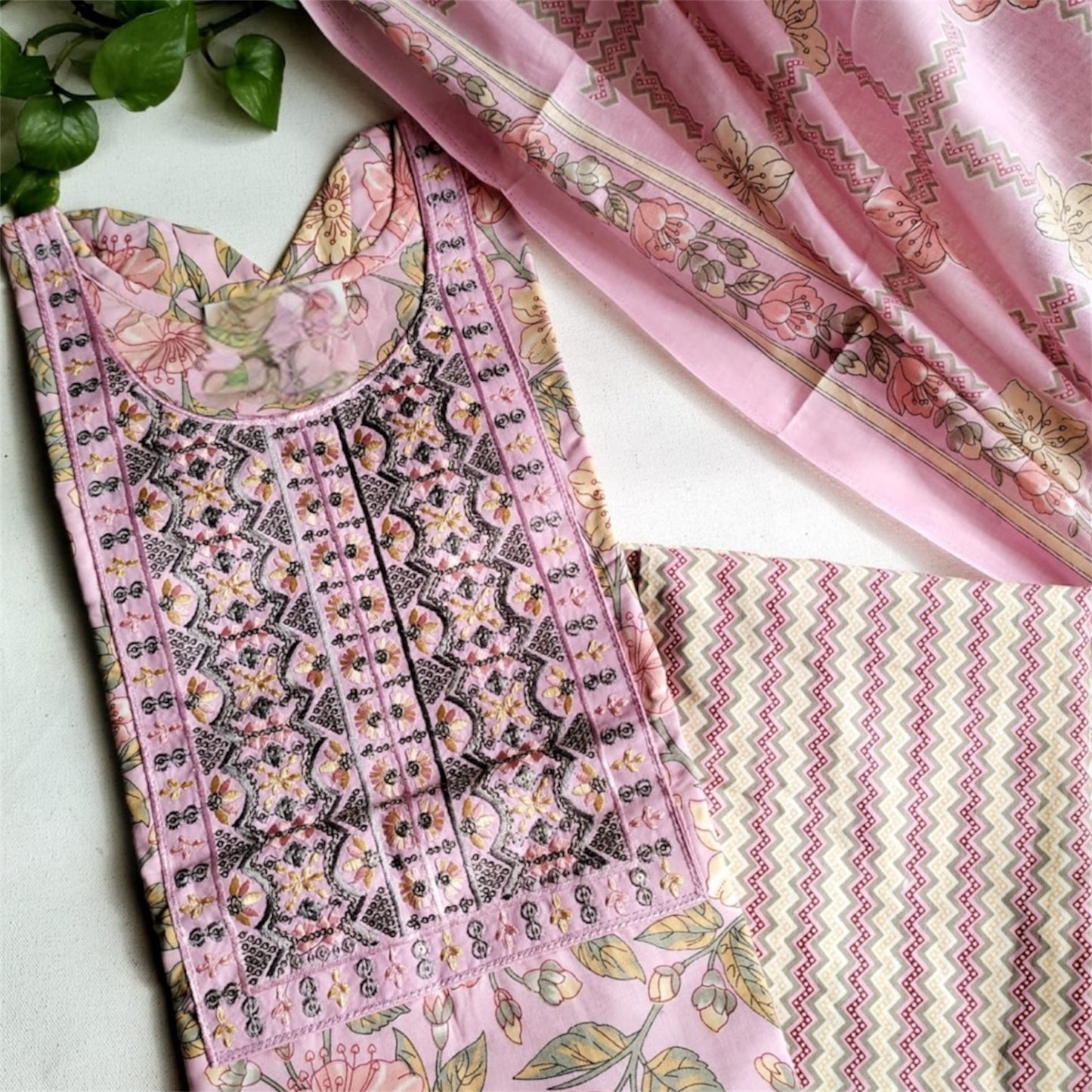 Elegant Embroidered Cotton Kurthi Set with Dupatta - Pink