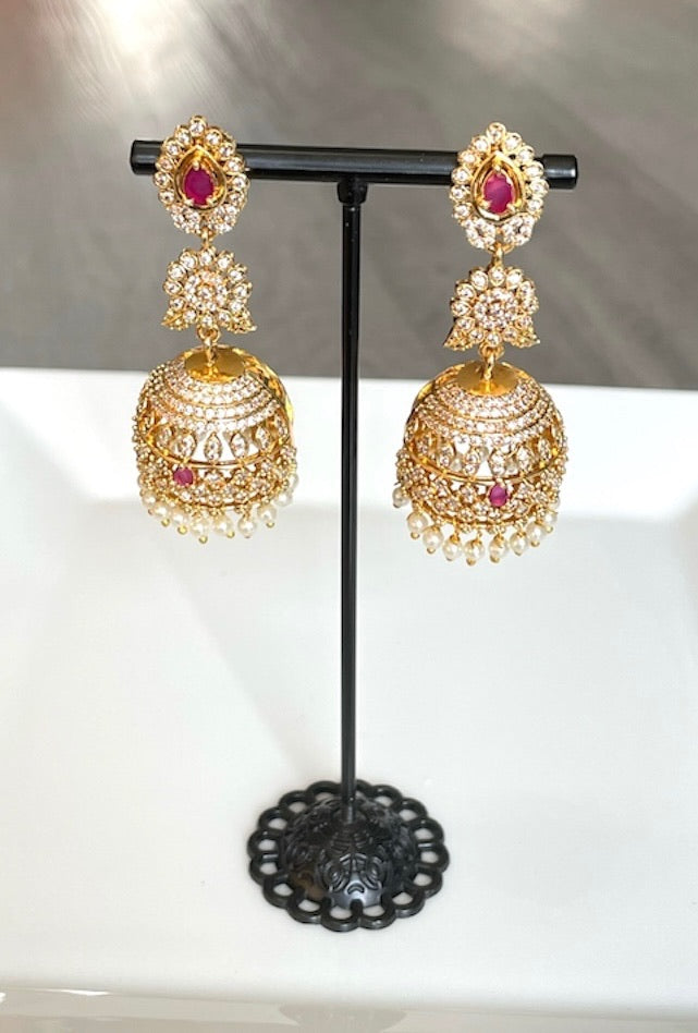 Zircon White Stone Jhumkas with Red Accent Stones