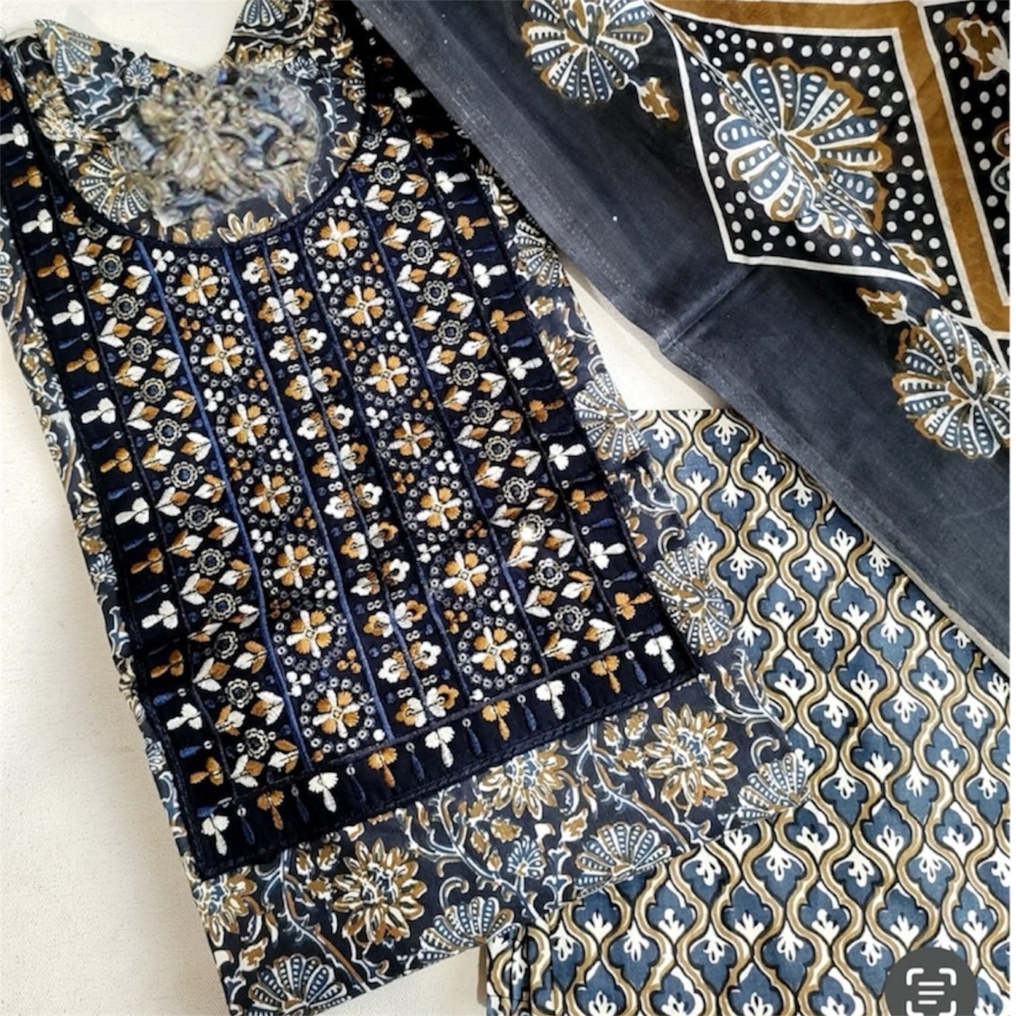 Elegant Embroidered Cotton Kurthi Set with Dupatta - Black