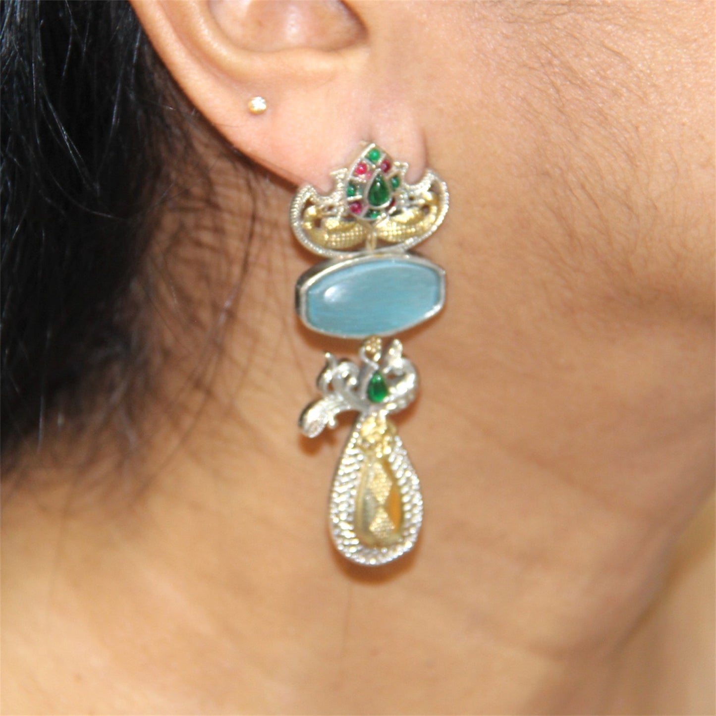 Elegant Two Tone Light Blue Oxidised Long Earring