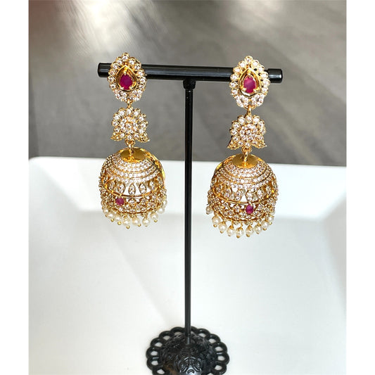 Zircon White Stone Jhumkas with Red Accent Stones