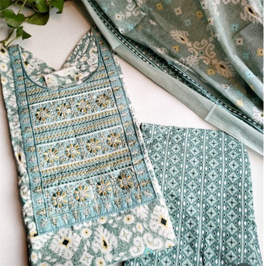 Elegant Embroidered Cotton Kurthi Set with Dupatta - Pastel Green