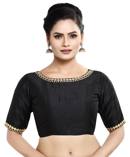 Dupion Silk Boat Neck Blouse - Black