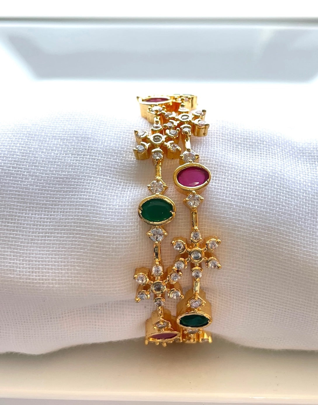White Floral Bangle with Green n Red Stone Accents