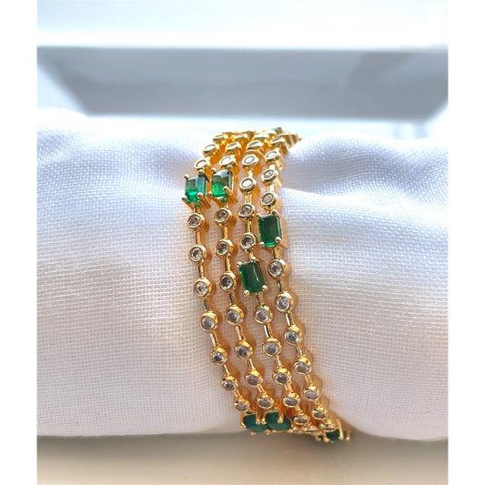 Elegant Set of 4 White Bangles with Green Stone Accents