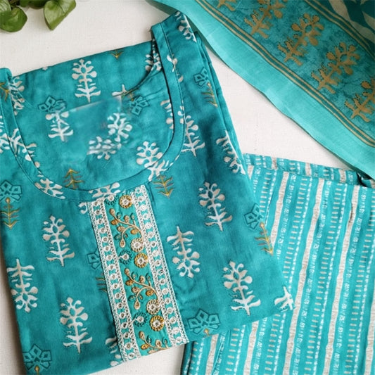 Graceful Cotton Kurthi Set with Light Embroidery & Dupatta - Teal Blue