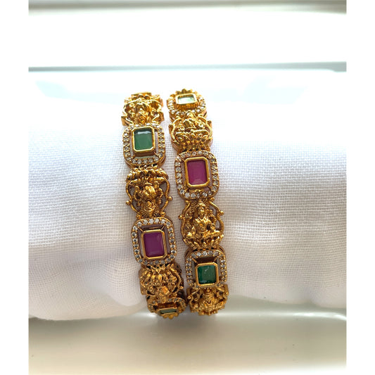 Red & Green Stone Square Bangles with Lakshmi Motifs