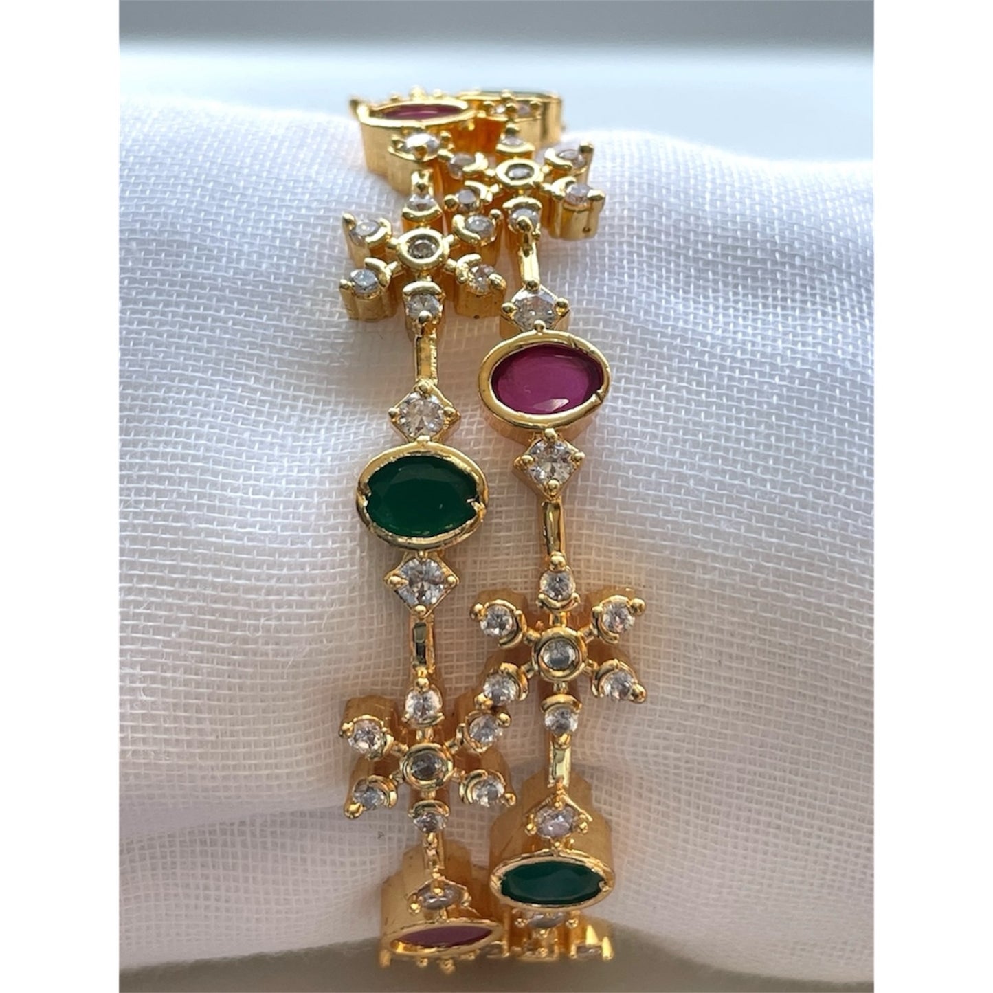 White Floral Bangle with Green n Red Stone Accents