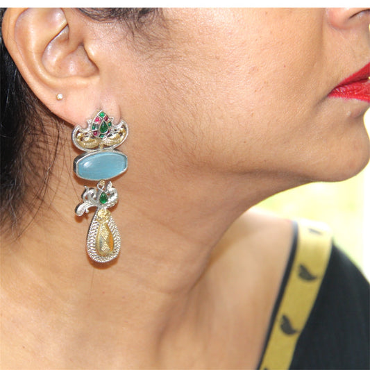Elegant Two Tone Light Blue Oxidised Long Earring