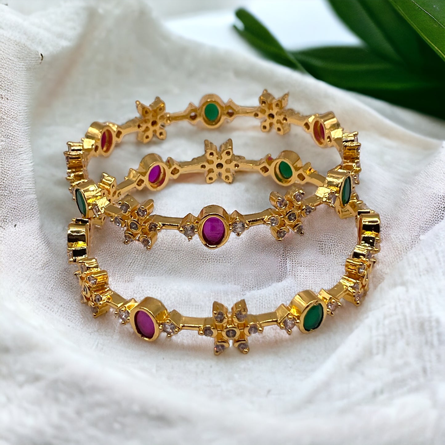 White Floral Bangle with Green n Red Stone Accents