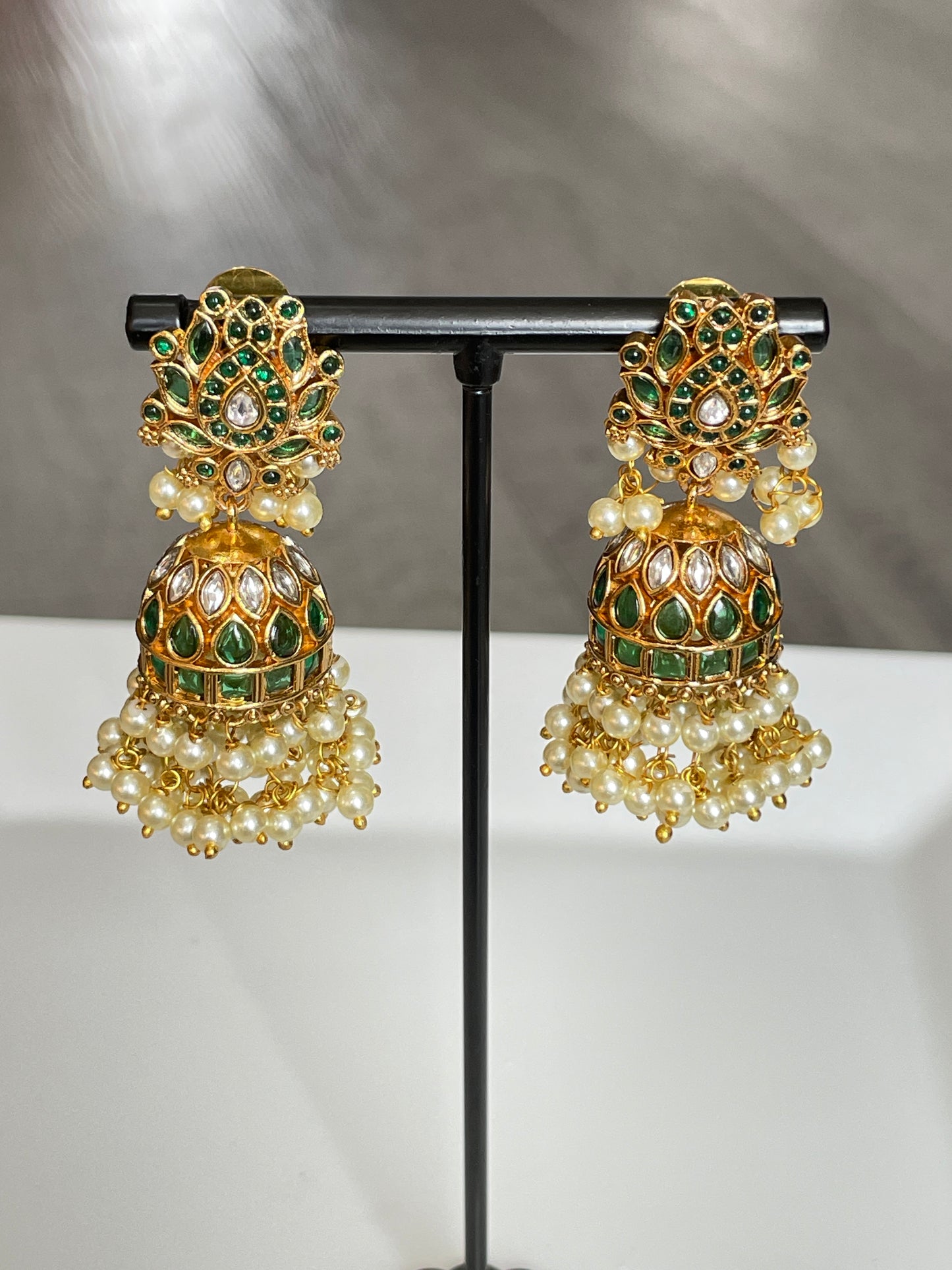 Green Kemp Jhumkas with Pearl Hanging Clusters