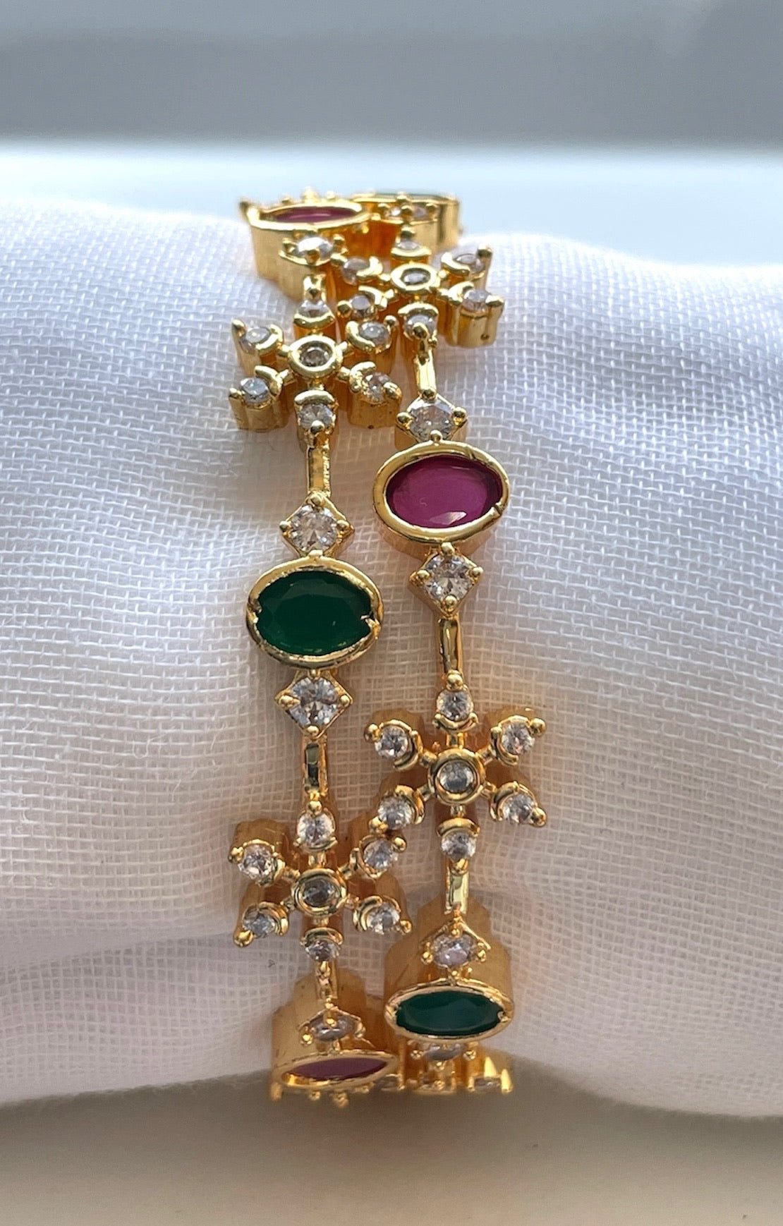 White Floral Bangle with Green n Red Stone Accents